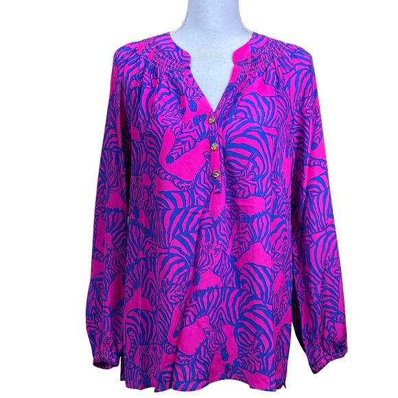 Lilly Pulitzer blue/pink Elsa zebra print silk top, resort, coastal, Palm Beach - Picture 1 of 6